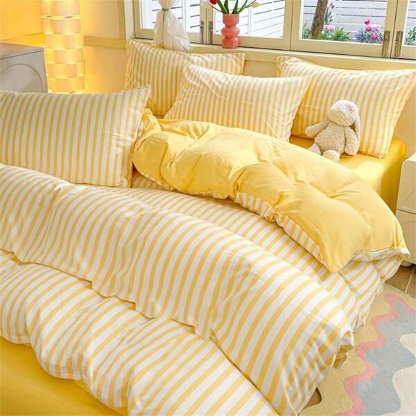 4pcs Set Thick Yellow Striped Bedding Set (1pc Duvet Cover + 2pcs Pillow Cases + 1pc Bed Sheet, Without Pillow And Quilt), Soft & Breathable All Season Home Textiles, Machine Washable