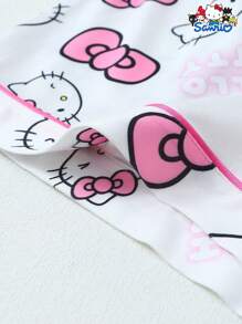 [Homely Gents]2 Pieces Sanrio Hello Kitty Print Polo Collar Short Sleeve Button Pocket Top And Bow Shorts Pajama Set For Women, Spring/Summer, Suitable For Home Use - White - View 7