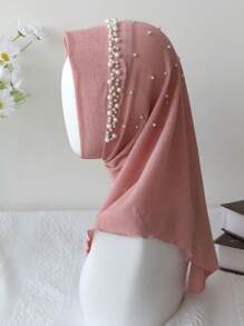 1pc Girls Beaded Solid Color Soft Headscarf, Comfortable Loose Fit Hijab Scarf - White Beaded Headscarf - View 9