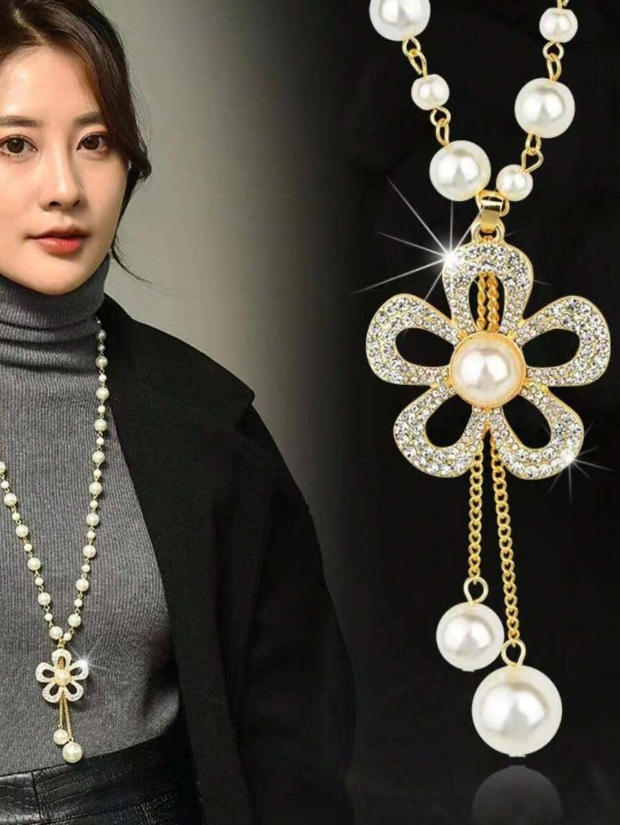 1 件手工串珠仿珍珠锌合金花朵项链适合女性日常佩戴 - 金色 - 查看 1