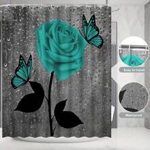 4pcs Garden Roses Bathroom Accessory Sets With Rugs For Bathroom Decor, Drops Water Flower Beautiful Glass Abstract Nature Spring Love Theme, Includes Toilet Lid Cover And U-Shaped Rugs, Curtains For Bathroom - 70.8in*70.8in - View 4