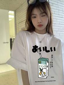 Women's Crew Neck Loose Casual Japanese Cartoon Character & Drink Expression Graphic Print Short Sleeve T-Shirt, Spring/Summer - White - View 4