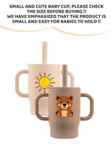 2pcs 5oz/150ml Creative Printed Kids Training Cup, With Handle & Straw, Silicone,  & Material, Suitable For Boys & Girls