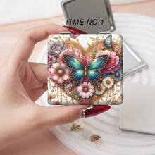 1 pièce Miroir de maquillage de vanité portable avec design de fleurs et papillons vintage européen, miroir à main pliable ultra-fin et léger avec étui en PU , placage métallique en acier inoxydable. Convient pour toutes les occasions et utilisateurs.