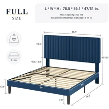 Allewie Queen Bed Frame, Velvet Upholstered Platform Bed With Adjustable Vertical Channel Tufted Headboard, Mattress Foundation With Strong Wooden Slats, Box Spring Optional, Easy Assembly, Green