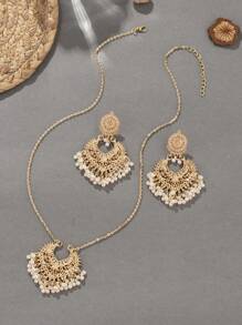 3-teiliges Set Vintage Luxus Quasten Perlen Anhänger Ohrringe & Halskette, europäisch-amerikanisch handgemachter Cut Out V-förmiger Blumen Mehrschicht Perlenanhänger Set, Luxus Schmuck Geschenk für Frauen Party Urlaub