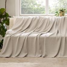 % Cotton Twin XL Size Bed Blanket - Breathable, Lightweight, Soft Cozy Herringbone Woven Summer Blanket College Dorm, White, 66x90 Inches - 01 - 亞麻米色 - 查看 3