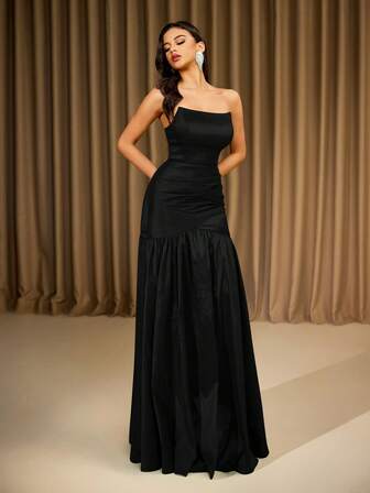 Black Strapless Asymmetrical Long Banquet Evening Dress, Formal, Party Dress, Gown, For Wedding Guest