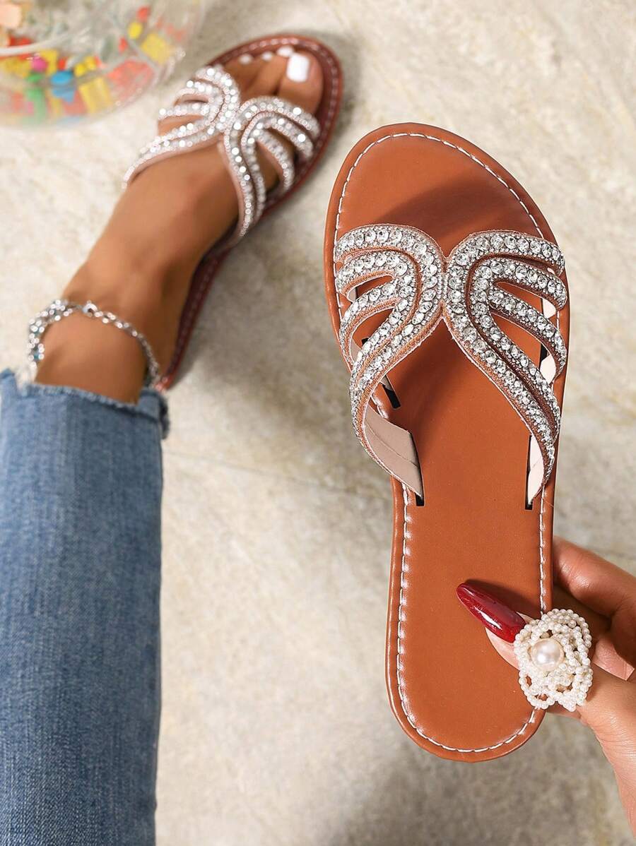 Dép đế bằng mũi tròn đính đá Rhinestone, Dép xỏ ngón đi biển mùa hè thoải mái, Dép đế bằng dệt La Mã phù hợp với váy, dùng ngoài trời, bãi biển, trong nhà - màu nâu - Xem 1