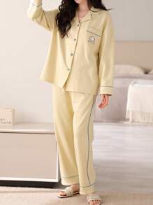 AICJ 2pcs 100% Cotton Casual Minimalist Spring, Summer, Autumn Women's Sleepwear Set, Pajama Set Gift For Halloween, Valentine's Day, New Year, Collared Long Sleeve Top & Pants