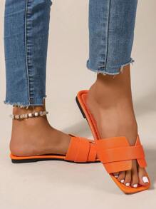 Women's Spring/Summer New Fashion Casual Strap Sandals, Comfortable Flat Sandals, Beach Slippers, Simple And Versatile Design - Orange - View 4