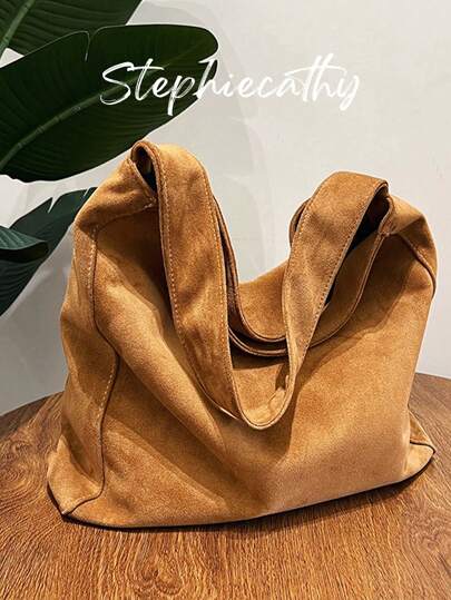 STEPHIECATHY Slouchy Casual Maillard Color Soft Faux Suede Fabric Magnet Button Closure Large Capacity Single Strap Hobo Shoulder Bag For Women Daily Commute Shopping Outings, New Autumn And Winter Women Bag, Best Fall Purse, Newest Fashionable Suede Bag For Women, New Fall Fashion 2025 For Women