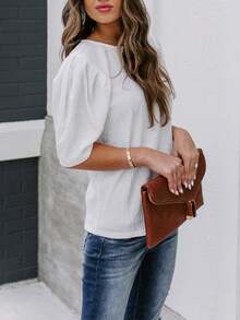 Camisa de Manga Curta Sólida para Mulheres, Verão, Decote Redondo, Casual, Tops da Moda, Camisa de Manga Bufante