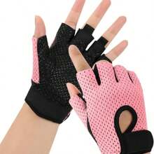 1 Pair Man/Women's Fitness Cycling Gloves - Anti-Slip Breathable Shock Absorbing Workout Gloves For Cycling Gym Weightlifting, Full Palm Protection Anti-Callus Lightweight Half-Finger Training Gloves - Pink - View 11
