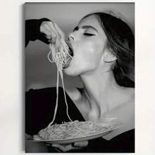 Framed  Black & White Woman Enjoying Pasta Canvas Art Print -  Wall Decor For Living Room, Bedroom, Hallway | Includes Hanging Hardware | Perfect Gift Idea, Perfect For Room Decor