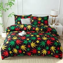 3 件彩色叶子图案数码印花羽绒被套套装（1 个羽绒被套、2 个枕套，不含填充物）