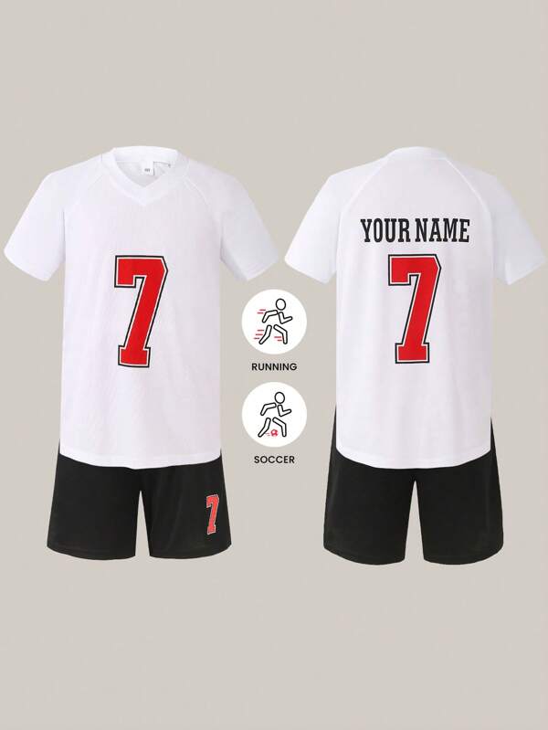 2pcs/Set Tween Boys' Summer Print V-Neck Short Sleeve T-Shirt And Shorts Set, Suitable For Casual, Sports Wear, Souvenir Gift