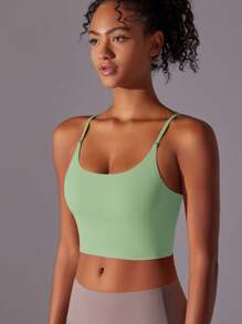 1pc Women Green Spaghetti Strap Camisole, Backless Yoga Tops, Adjustable Chest Pads Sexy Criss-Cross Back Bras