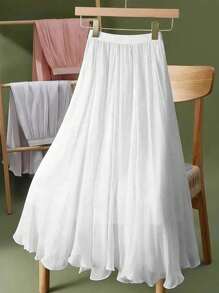 Plus Size Women's Spring/Summer Skirt, Women Elastic Waist Casual Solid Color Mid-Length Chiffon A-Line Skirt, With Lining, Elegant Fitted Slimming, Suitable For Spring/Summer Casual, Work, Vacation Wear