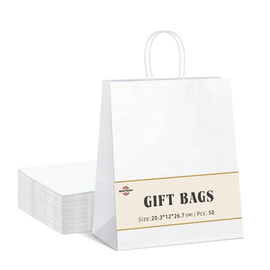 Blauesmeer 100 Pieces Kraft Paper Bags With Handles, White Paper Bags With Handles, Gift Bags For Party Favors, Packaging, Customization, Carrying, Retail, Merchandise, Wedding (20cm X 12cm X 26.5cm) - 白色 (100 Pack) - 查看 1