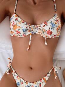 1 套女士条纹和花卉印花两件套比基尼泳装带钢圈，时尚性感 - 白色 - 查看 5