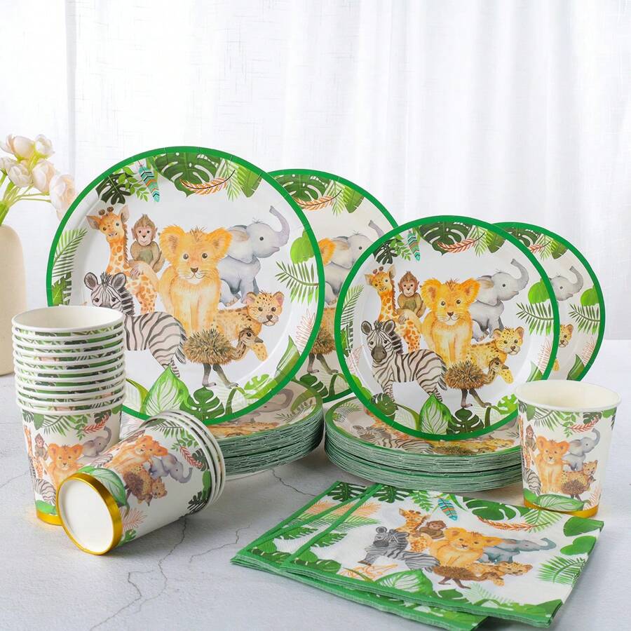 24 Sets Disposable Zebra Animal Print Dinner Plates, Napkins, Cups, Party Supplies Suitable For Birthday, Wedding, Party, Family Picnics - Multicolor - View 1
