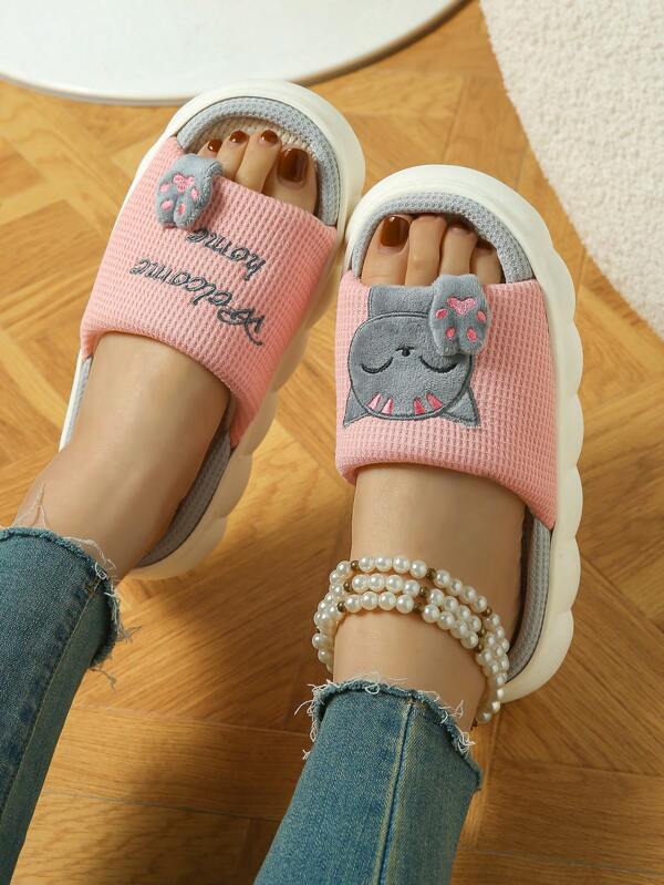 Women's Cartoon Cat Indoor Slippers, Flat Lightweight Open Toe Fluffy Slides, For All Season
