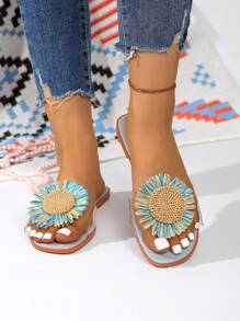 女士百搭平底蓝色花朵沙滩度假系带一脚蹬凉鞋，户外拖鞋 - 淺藍色 - 查看 5