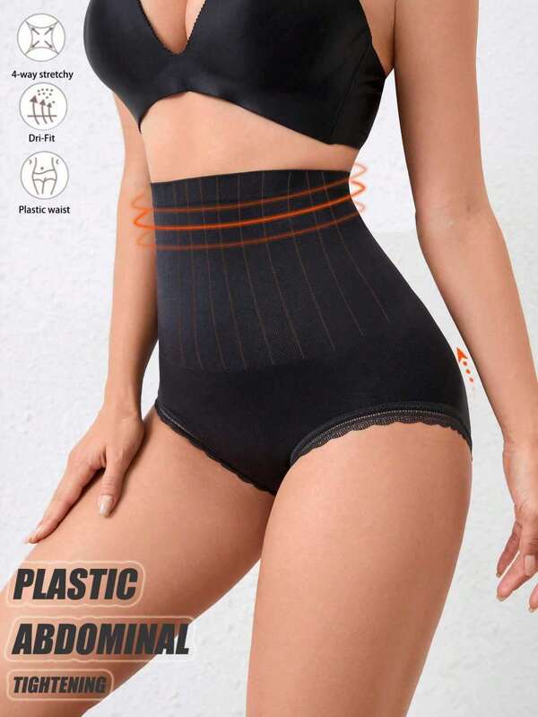 Calzones moldeadores de cintura alta para mujer, con acabado de encaje y unicolor, que realzan y dan forma a la cintura y el Body