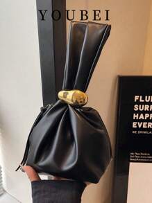 1pc Women Solid Color PU Tote Bag, Personalized Mini Ruched Bag With Metal Decors & Zipper Closure, Suitable For Daily & Outdoor Use