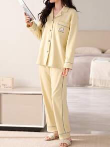 AICJ 2pcs 100% Cotton Casual Minimalist Spring, Summer, Autumn Women's Sleepwear Set, Pajama Set Gift For Halloween, Valentine's Day, New Year, Collared Long Sleeve Top & Pants