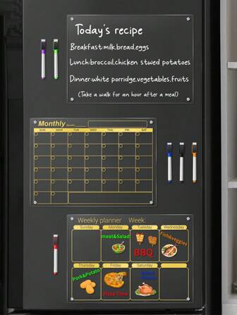 1 st magnetisk guldfärgad akryl whiteboard-kylskåpsmagnet (levereras med 6 magnetiska whiteboardpennor) - Transparent kalender, veckoplanerare, anteckningstavla, magnetisk akrylmeny och anteckningstavla, raderbar dekorativ magnet
