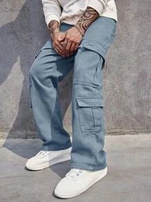 Herren Jeans-Optik Stretch Cargo Cargohose, gerades Bein