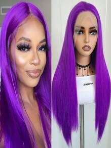 Peluca recta larga de 26 pulgadas con frente de encaje morado de 13"X4" elegante, peluca de frente de encaje sintético con línea del cabello previamente desvainada, cabello de fibra resistente al calor, peluca recta sedosa para mujeres, cosplay, fiestas, uso diario - Morado - Ver 3