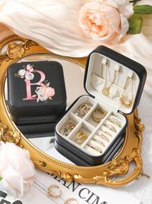 A-Z Floral Letter Pattern Travel Jewelry Box, Portable Zipper Travel Jewelry Storage Box, Gift Box For Women, PU Leather Waterproof Jewelry Box For Rings, Pendants, Earrings, Necklaces, Etc. - Gift Boxes For Girls And Women, Sun Travel Cool Back To School