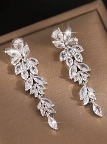 1pair Elegant Leaf Flower CZ Women Long Wedding Earrings With AAA Cubic Zirconia Dangle Earrings Jewelry - Silver - View 7