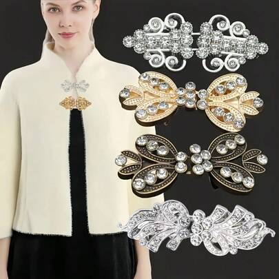 1pair/3pairs Fashion Women Zinc Alloy Shiny Shoulder Clips, Sweater Cardigan Clips, Detachable Rhinestone Waist Buttons Waist Belt Accessories, Seamless Waist Cincher