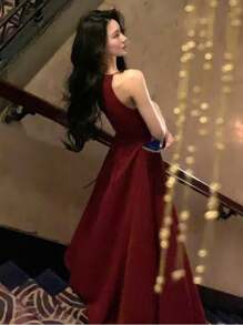 优雅派对生日休闲女士夏季无袖A字纯色时尚长裙 - 紅色 - 查看 3