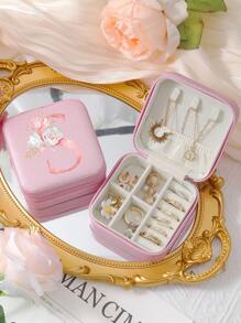 A-Z Floral Letter Pattern Travel Jewelry Box, Portable Zipper Travel Jewelry Storage Box, Gift Box For Women, PU Leather Waterproof Jewelry Box For Rings, Pendants, Earrings, Necklaces, Etc. - Gift Boxes For Girls And Women, Sun Travel Cool Back To School