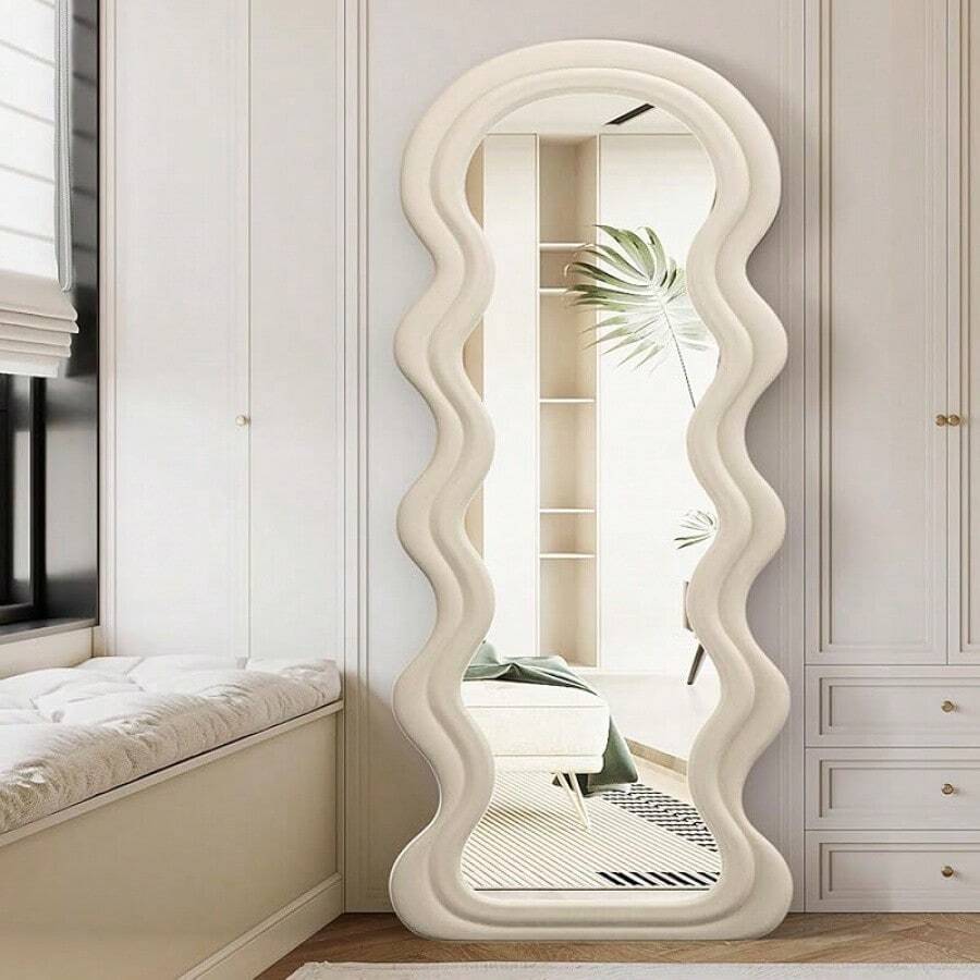 Full Length Mirror, 63" X 24" Floor Mirror, Irregular Wavy Mirror, Full Length Wall Mirror, Standing Flannel Wrapped Wooden Frame For Bedroom, Cloakroom (White) - WHITE` - View 1