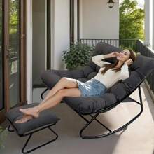 PERRTWDLF Rocking Chair Metal Oversized Rocking Chair With Cushion And Footstool Outdoor Reading Chair Rocking Chair Living Room Lounge Chair With Cushion Weight Capacity Up To 150 Kg, Comfortable Lounge Chair For Living Room, Patio, Balcony, Garden - Grey - View 3