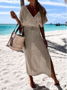 2026新款优雅V领侧开衩腰带镂空纯色针织连衣裙，女士夏季连衣裙，女士夏季套装，女士沙滩装，女士演唱会装，女士生日装，女士度假连衣裙，女士优雅连衣裙，女士假日套装，女士沙滩裙，女士度假套装，女士休闲连衣裙，女士假日连衣裙，女士邮轮服装 - 卡其色 - 查看 3