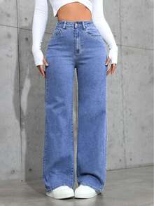 Pantalones de mujer estilo preppy de cintura media y pierna ancha, 70% 27.6% Poliéster 2.4% Spandex Mezcla, Color sólido, Cierre de botón, Pantalones de corte de bota para todas las estaciones con estiramiento alto - Azul lavado medio - Ver 2