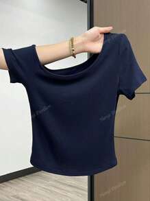 Chic Asymmetric Neck Short Sleeve Fitted Cropped T-Shirt Blouse