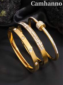 Camhanno 3pcspiece Exquisite Luxury Clover Crystal Stainless Steel Bracelet, Suitable For Women's Daily Wear, As A Gift For Friends Or Girlfriends - Yellow Gold - View 4