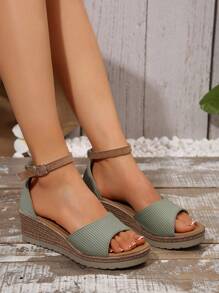 女士夏季新款时尚露趾踝带坡跟凉鞋 - 綠色 - 查看 4