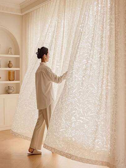 1pc Elegant French Country Floral Sheer Summer Curtain, Rod Pocket Design, Sheer Polyester, Suitable For Bedroom, Living Room, Balcony, Nursery, Guest Room Window Decor