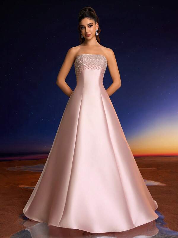 Vestido Longo de Noite Feminino com Cintura Alta Anymoon, com Decoração de Pérolas e Strass no Busto, Vestido de Festa, Vestido de Gala, Formal, Convidado de Casamento