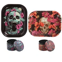 JBNG Leuchtende Blumen mit Totenkopf-Motiv Rollplatte und Grinder