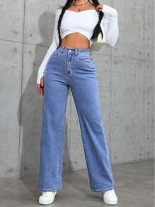 Pantalones de mujer estilo preppy de cintura media y pierna ancha, 70% 27.6% Poliéster 2.4% Spandex Mezcla, Color sólido, Cierre de botón, Pantalones de corte de bota para todas las estaciones con estiramiento alto - Azul lavado medio - Ver 1